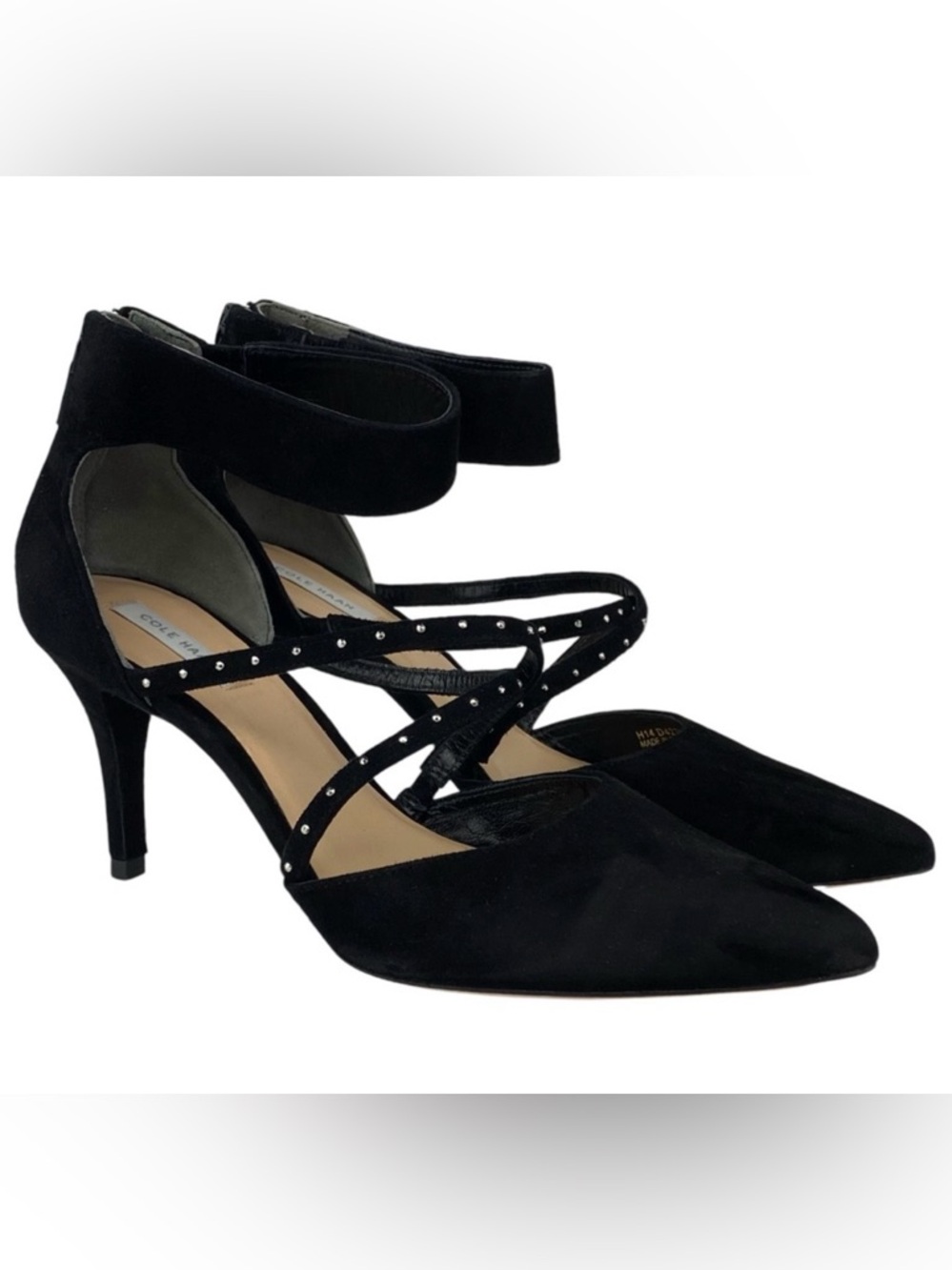 Cole Haan Classic Trella Pump Black Suede Heels Studded Straps Women’s Size 7.5